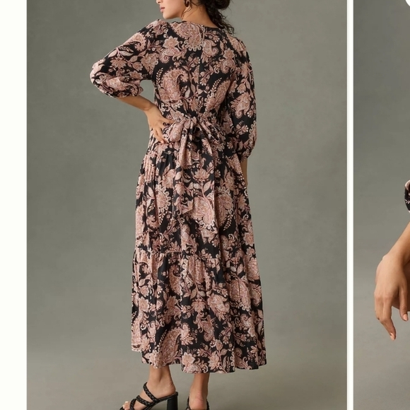 Anthropologie KIVARI V-Neck Puff Sleeve Linen Midi Dress - Picture 4 of 12